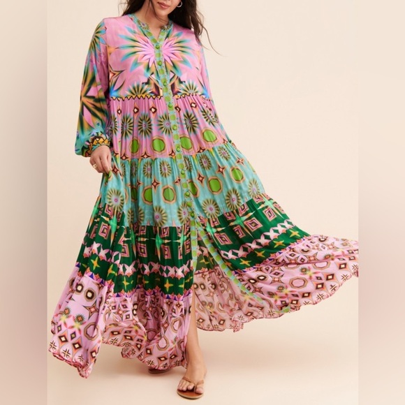 Siddhartha Bansal Mixed Print Button Front Maxi Dress Size SP - Picture 3 of 16